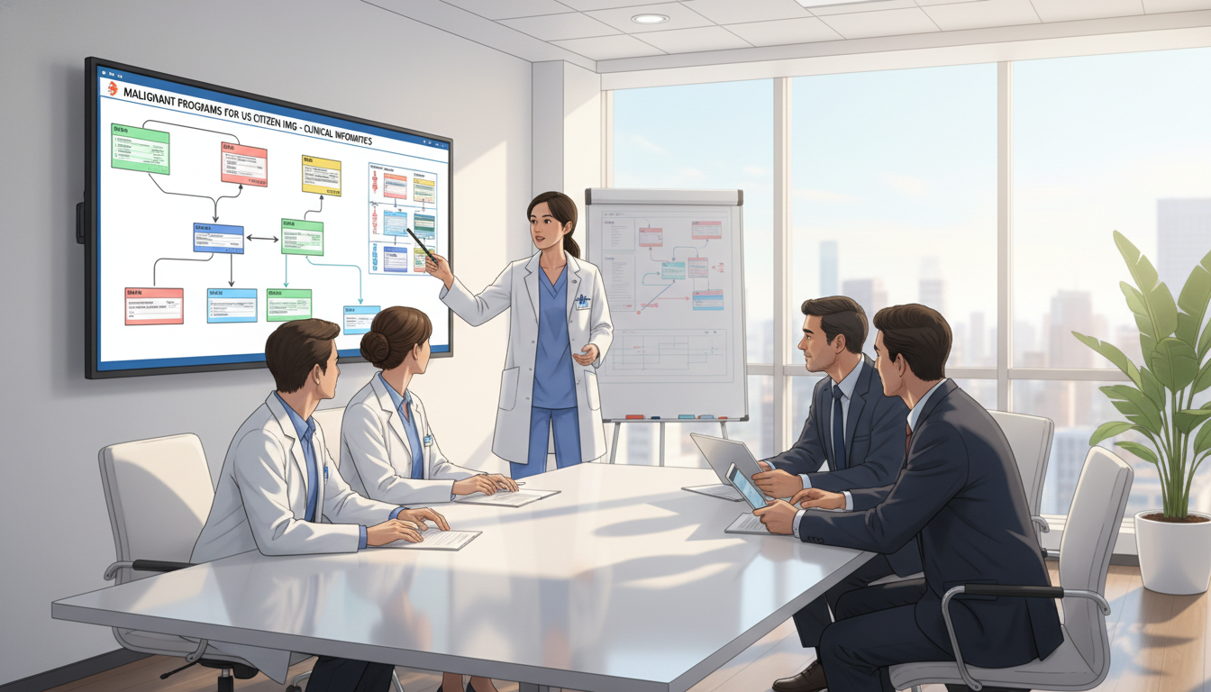 Medical resident participating in a clinical informatics workflow meeting Medical resident participating in a clinical informatics workflow meeting - US citizen IMG for Identifying Malignant Programs