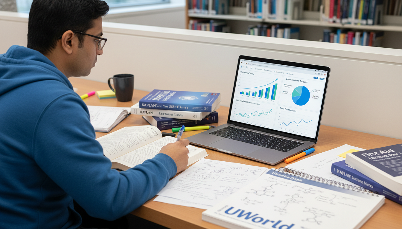 Medical student reviewing performance data and exam strategy - US citizen IMG for Step Score Strategy for US Citizen IMG in C