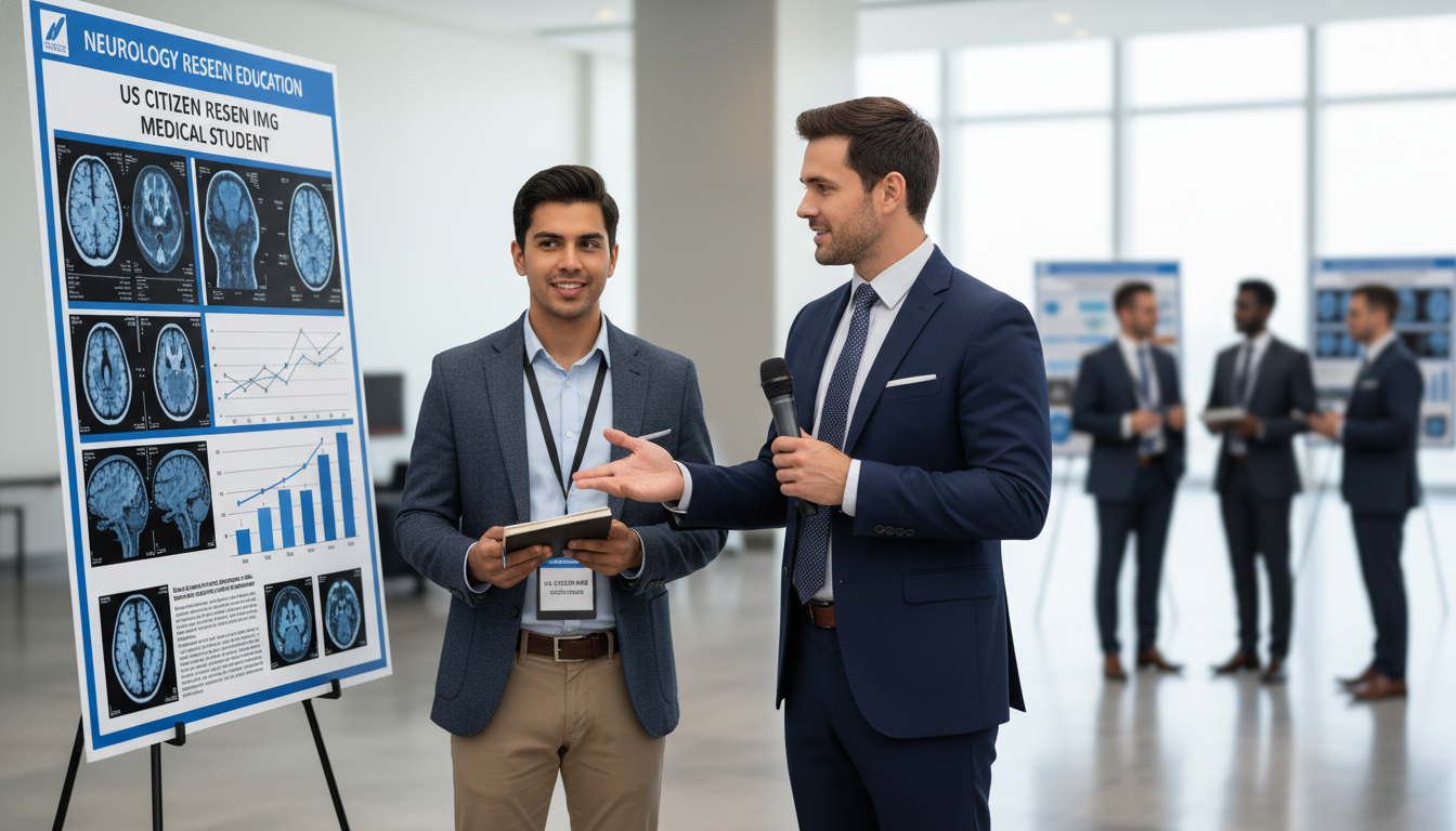 Neurology resident presenting a research poster while discussing with an IMG medical student - US citizen IMG for Networking