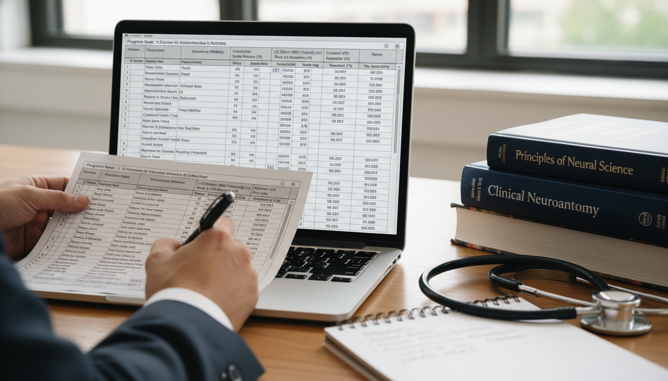 Laptop screen showing neurology residency program spreadsheet with notes Laptop screen showing neurology residency program spreadsheet with notes - US citizen IMG for How to Research Programs for US