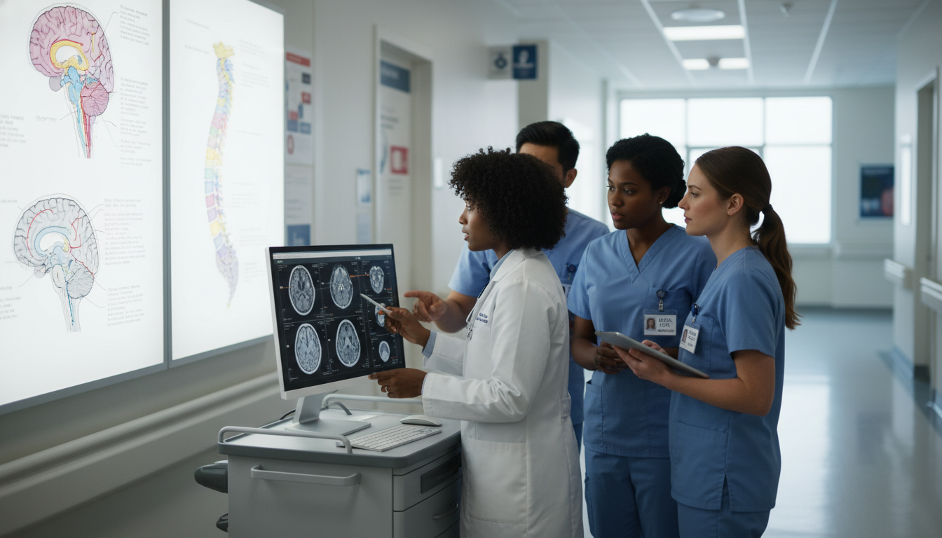 Neurology residents discussing patient cases during work rounds Neurology residents discussing patient cases during work rounds - US citizen IMG for Questions to Ask Programs for US Citizen