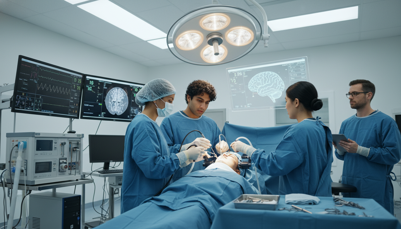 Academic neurosurgery team in teaching hospital operating room Academic neurosurgery team in teaching hospital operating room - US citizen IMG for Academic vs Private Practice for US Citiz