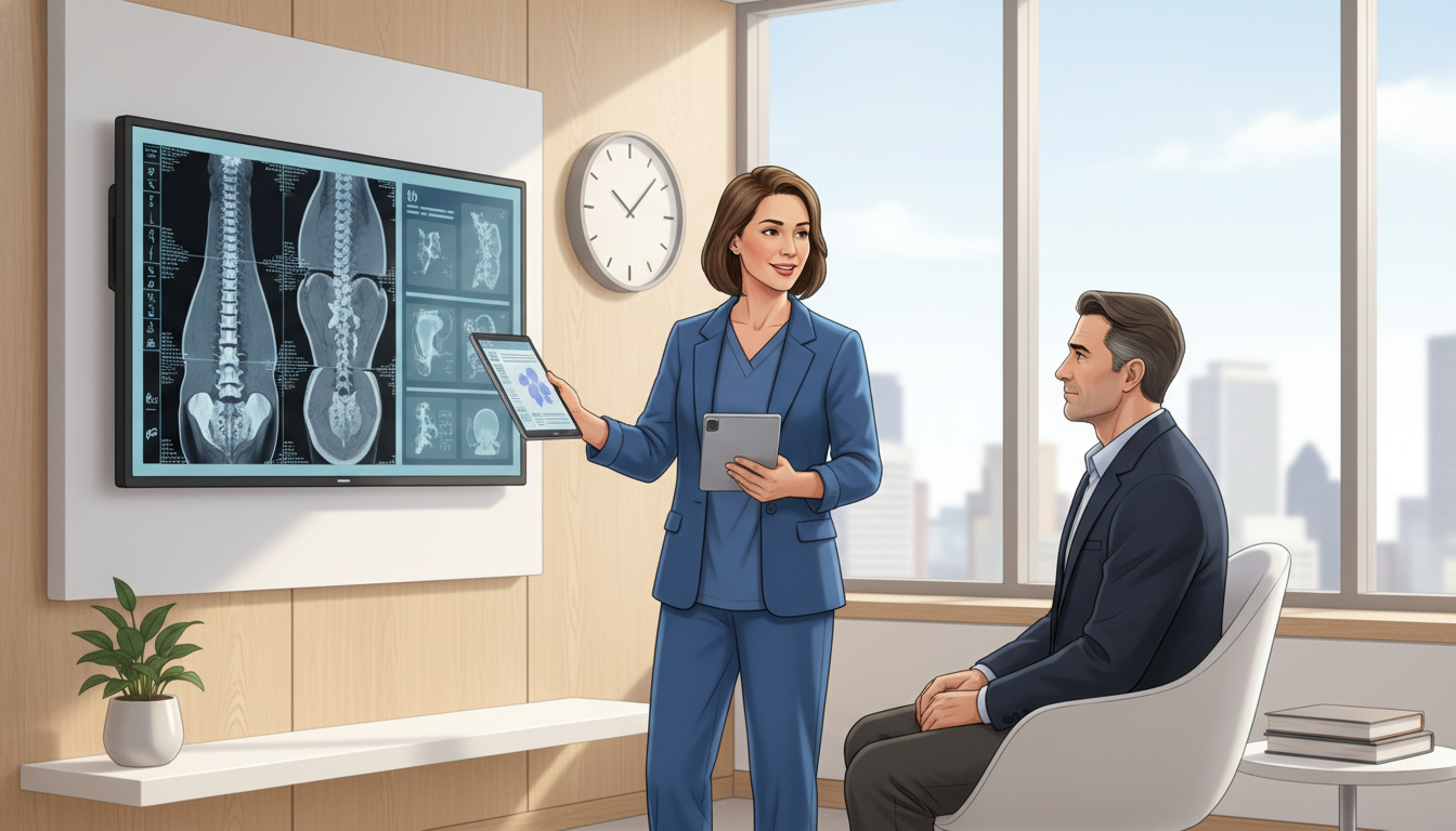 Private practice neurosurgeon consulting with patient in clinic Private practice neurosurgeon consulting with patient in clinic - US citizen IMG for Academic vs Private Practice for US Citi