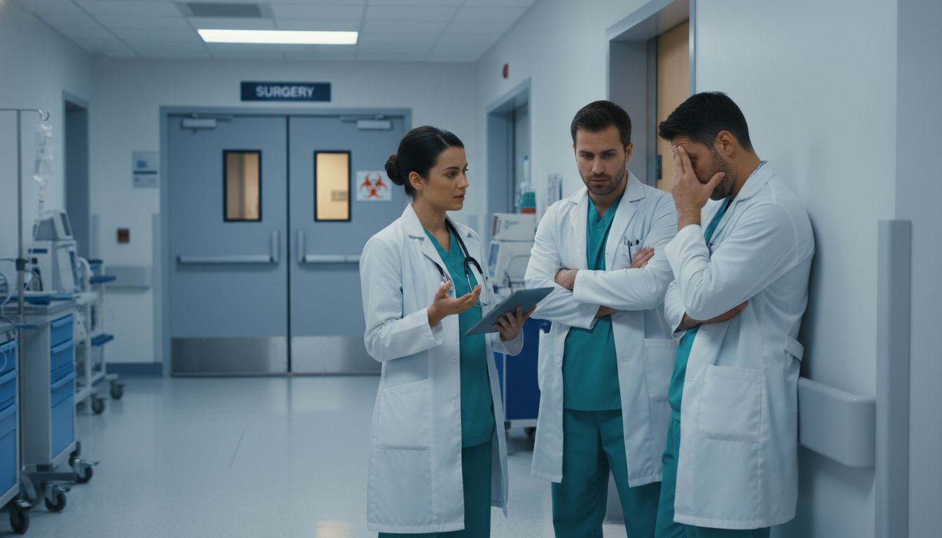 Neurosurgery residents in a hospital corridor discussing workload and program culture Neurosurgery residents in a hospital corridor discussing workload and program culture - US citizen IMG for Identifying Malign