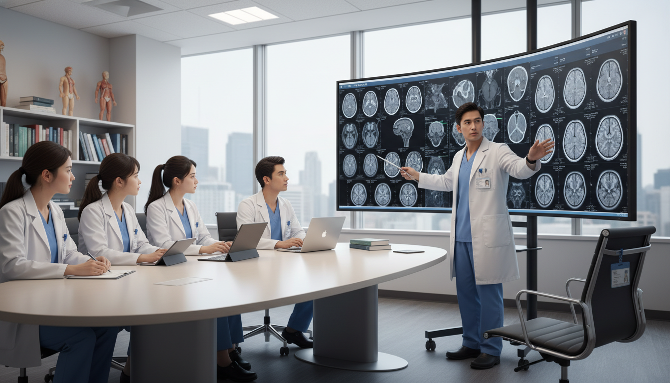 Neurosurgery residents in conference room with empty seat symbolizing turnover Neurosurgery residents in conference room with empty seat symbolizing turnover - US citizen IMG for Resident Turnover Warning