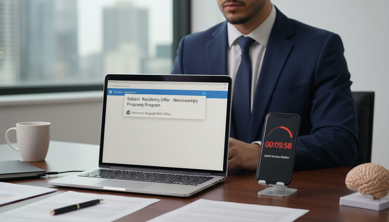 Resident applicant handling SOAP offer on laptop - US citizen IMG for SOAP Preparation for US Citizen IMG in Neurosurgery