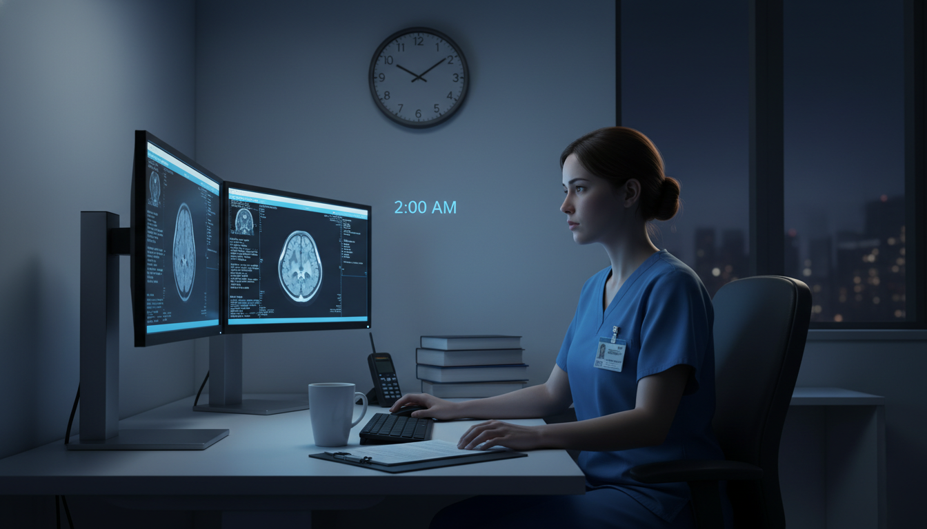 Neurosurgery resident reviewing CT scans during a long call shift - US citizen IMG for Work-Life Balance Assessment for US Ci