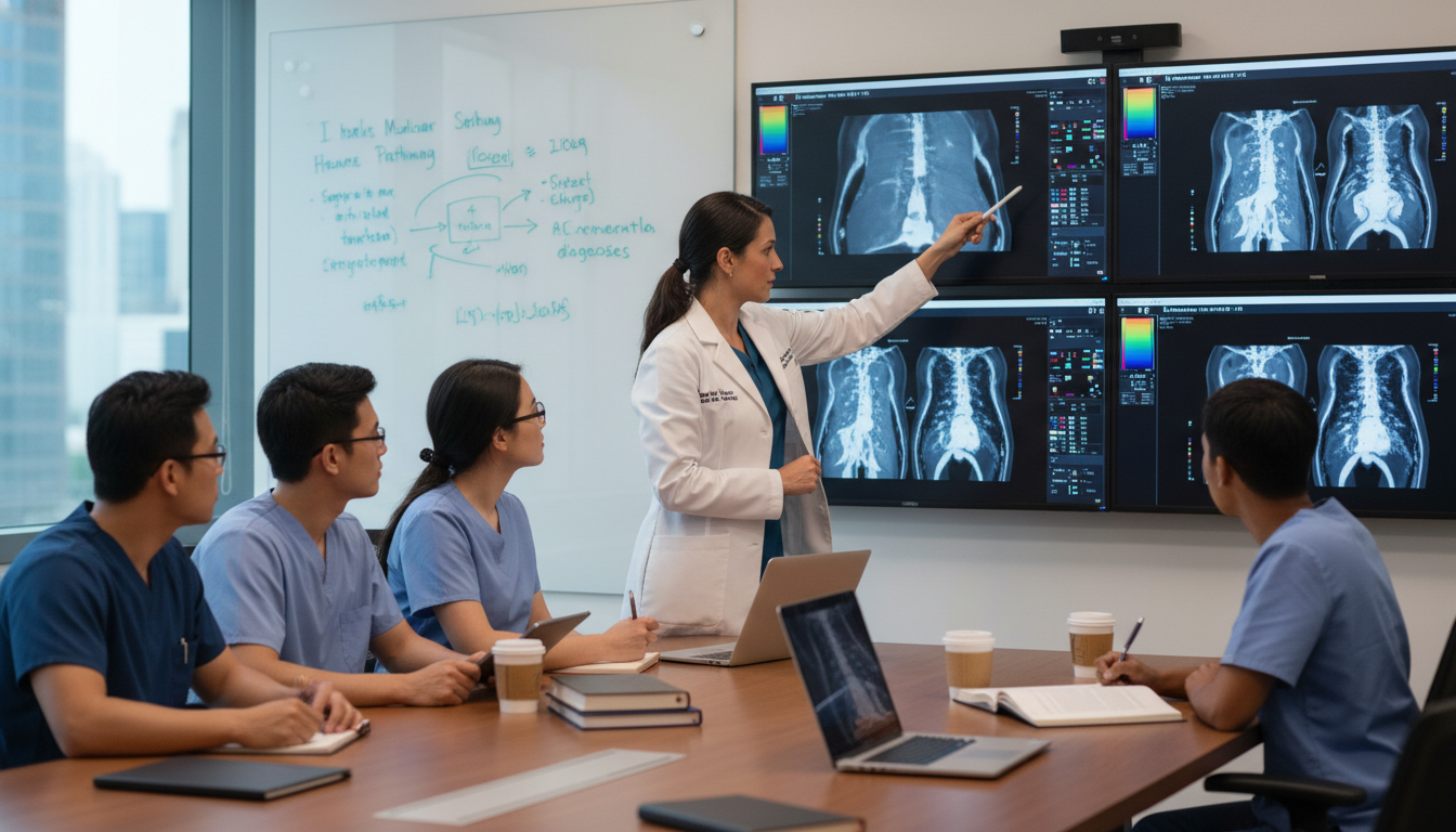 Academic nuclear medicine physician teaching residents while reading PET/CT scans Academic nuclear medicine physician teaching residents while reading PET/CT scans - US citizen IMG for Academic vs Private Pr