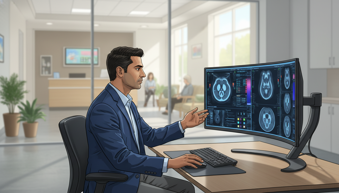 Private practice nuclear medicine physician reviewing PET/CT studies in a community imaging center Private practice nuclear medicine physician reviewing PET/CT studies in a community imaging center - US citizen IMG for Acade