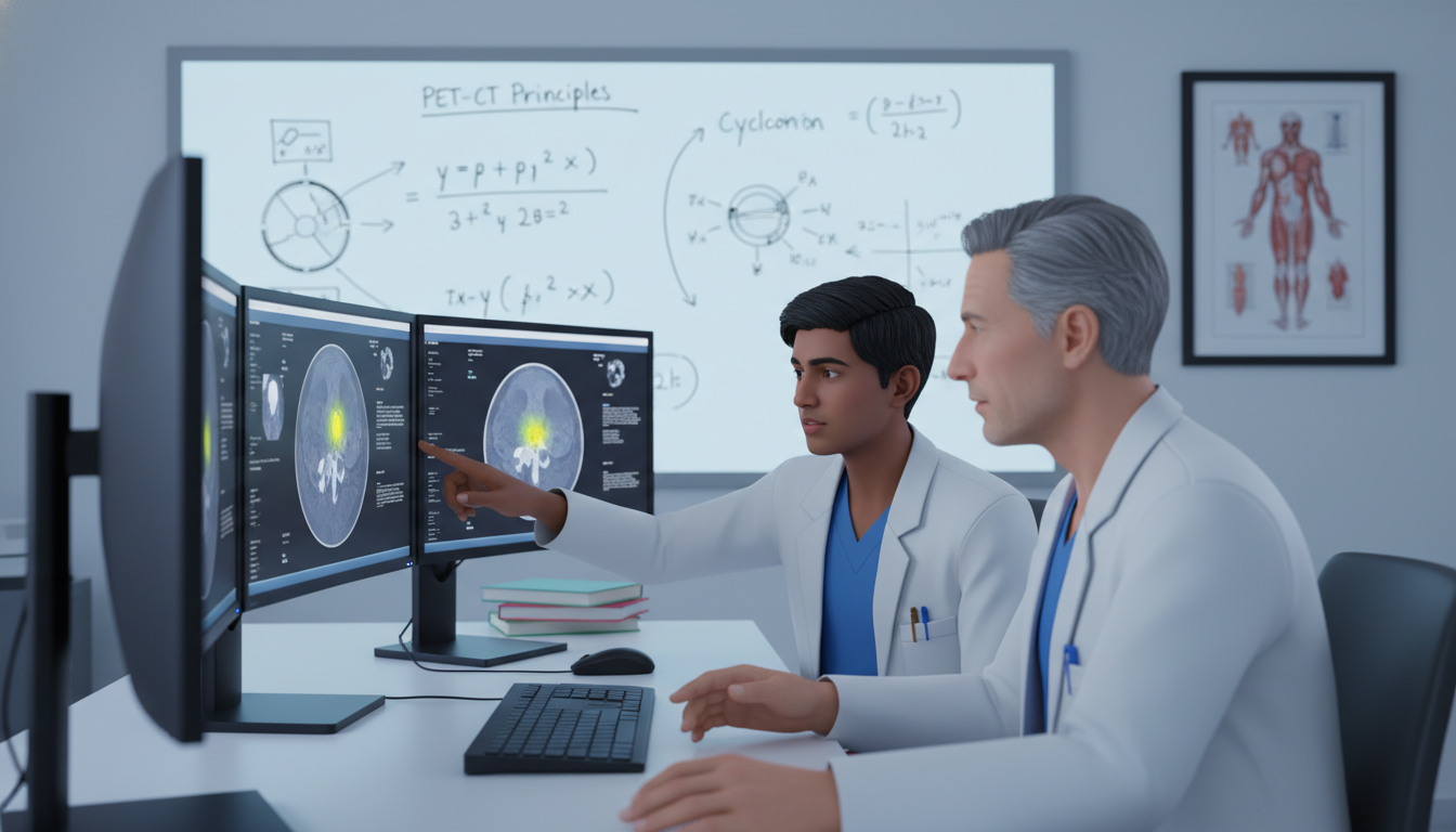 US citizen IMG in nuclear medicine reading room working on PET-CT cases - US citizen IMG for Low Step Score Strategies for US