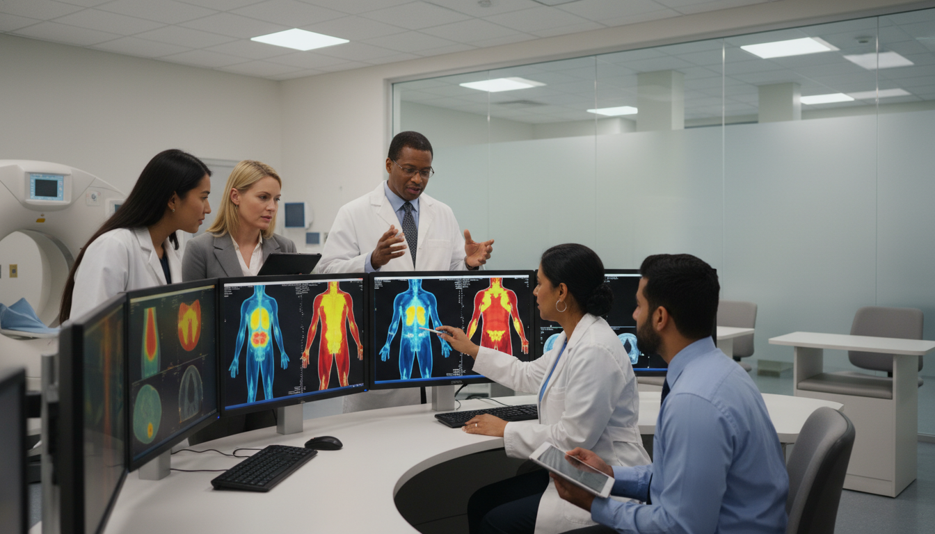 Nuclear medicine faculty and residents discussing PET/CT cases Nuclear medicine faculty and residents discussing PET/CT cases - US citizen IMG for Questions to Ask Programs for US Citizen