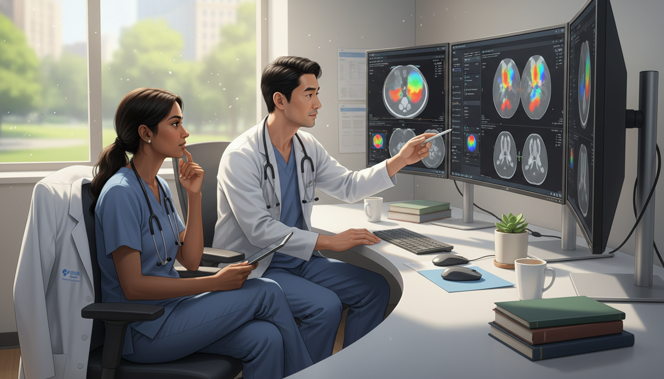 Nuclear medicine resident discussing PET scan findings with attending in reading room Nuclear medicine resident discussing PET scan findings with attending in reading room - US citizen IMG for Work-Life Balance