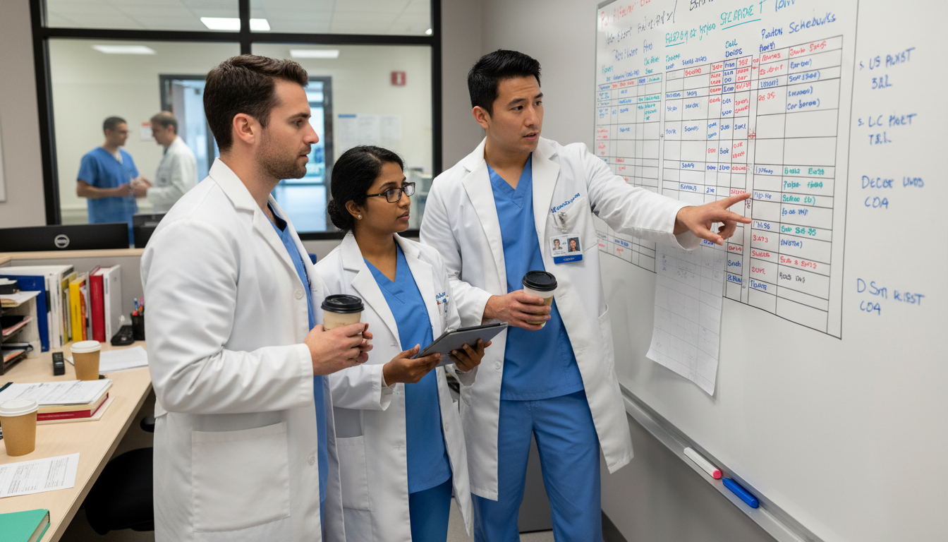 ObGyn residents reviewing schedules and workload on a whiteboard ObGyn residents reviewing schedules and workload on a whiteboard - US citizen IMG for Resident Turnover Warning Signs for US