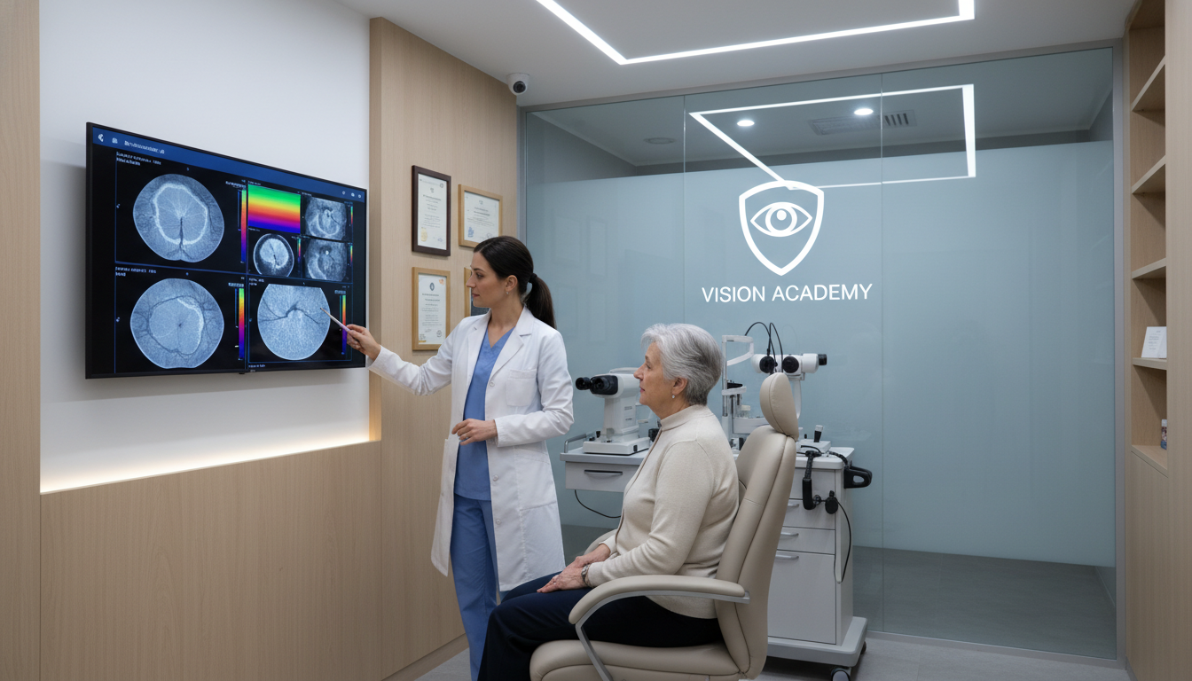 Ophthalmologist consulting with patient in a private practice clinic Ophthalmologist consulting with patient in a private practice clinic - US citizen IMG for Academic vs Private Practice for US