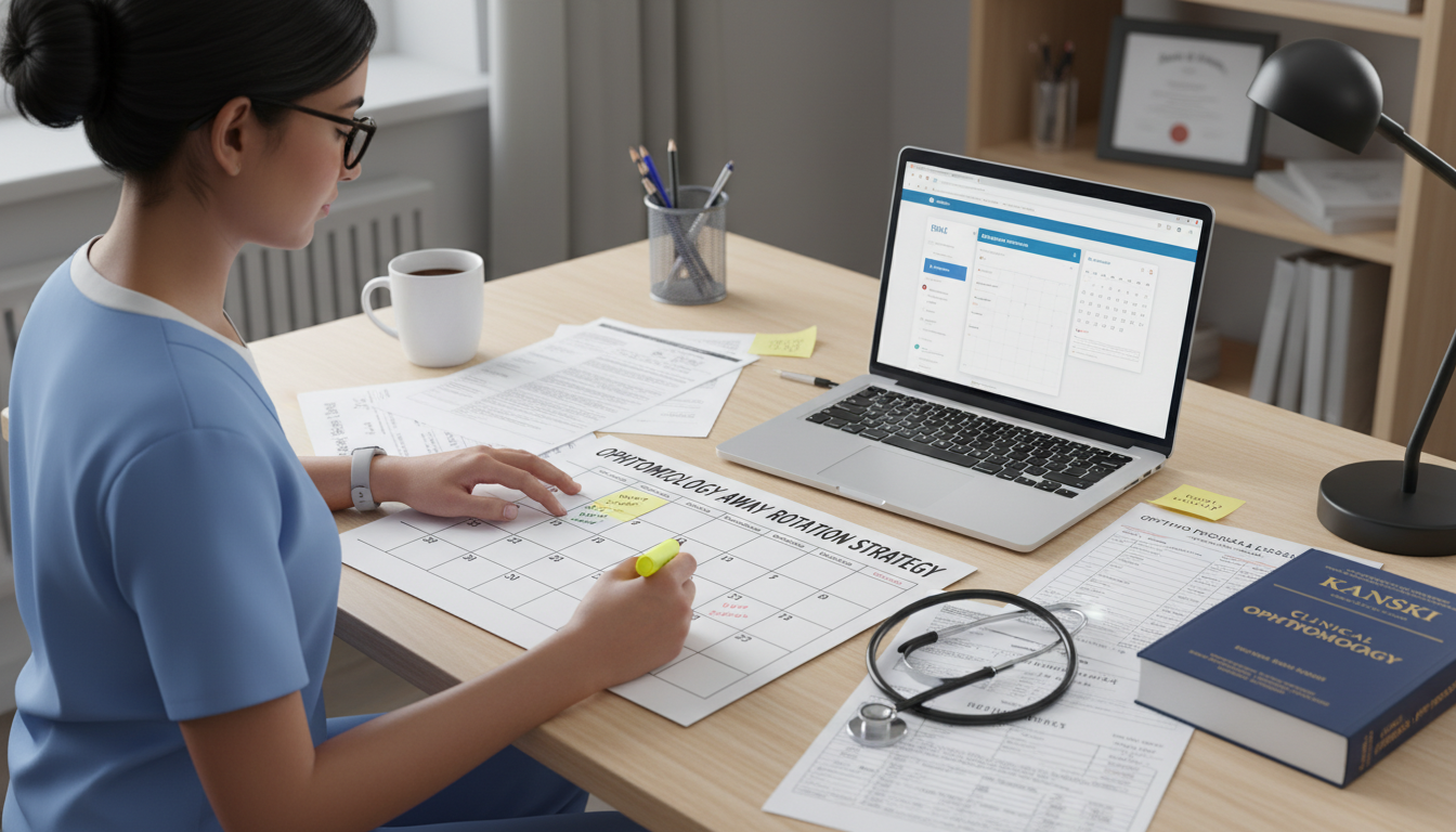 Ophthalmology student planning away rotations with calendar and laptop Ophthalmology student planning away rotations with calendar and laptop - US citizen IMG for Away Rotation Strategy for US Cit