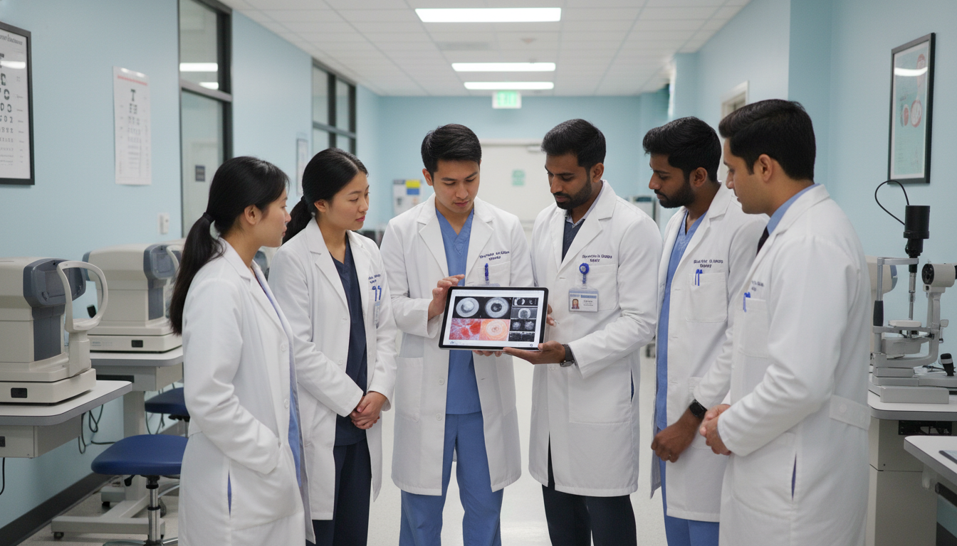 Ophthalmology residents and faculty discussing in a teaching clinic Ophthalmology residents and faculty discussing in a teaching clinic - US citizen IMG for How to Research Programs for US Citi