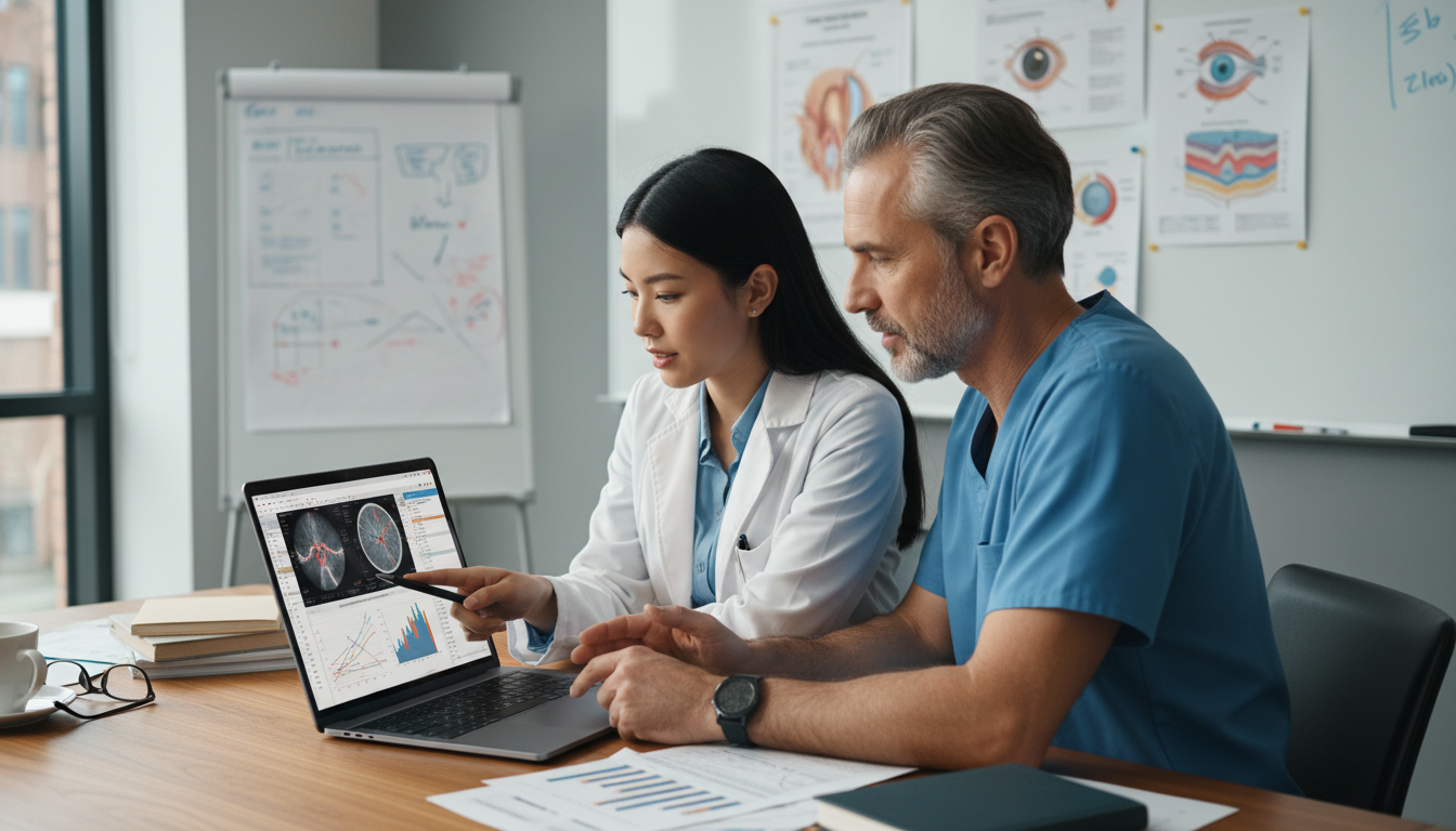 Ophthalmology resident discussing research with faculty mentor Ophthalmology resident discussing research with faculty mentor - US citizen IMG for Research During Residency for US Citizen