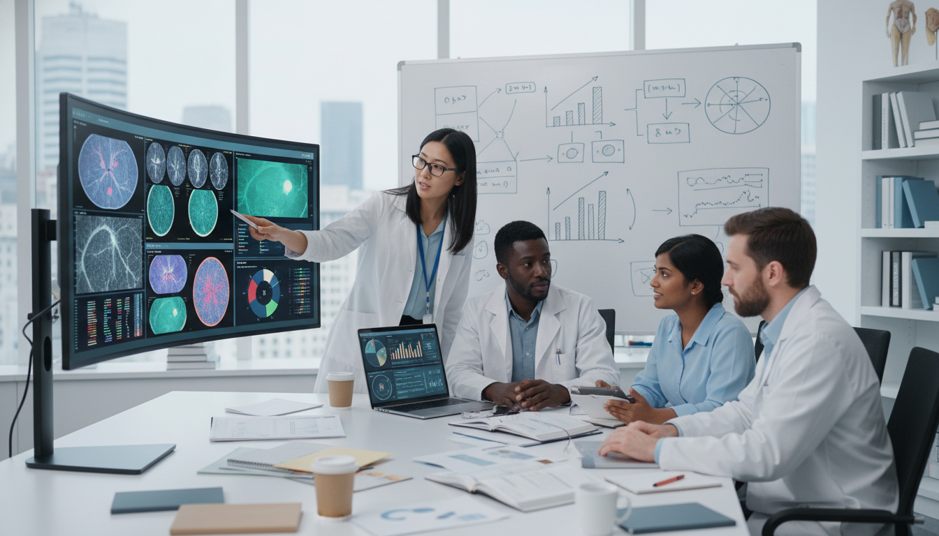 Ophthalmology research team discussing data and images - US citizen IMG for Research Profile Building for US Citizen IMG in O