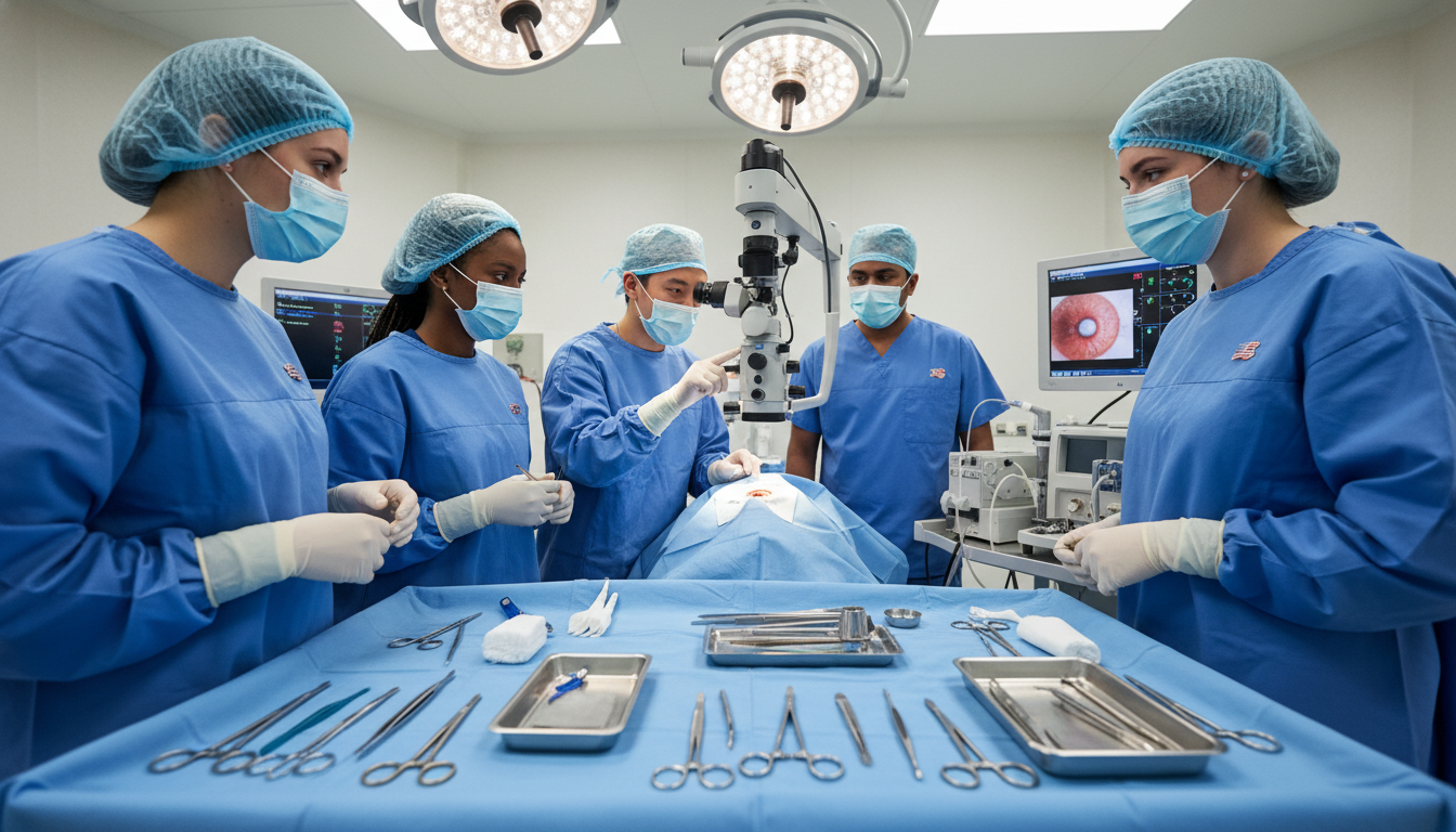 Ophthalmology residents in an operating room with a supervising attending Ophthalmology residents in an operating room with a supervising attending - US citizen IMG for Resident Turnover Warning Sign