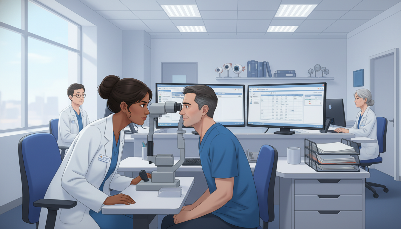 Ophthalmology resident examining patient in clinic with slit lamp Ophthalmology resident examining patient in clinic with slit lamp - US citizen IMG for Work-Life Balance Assessment for US Ci