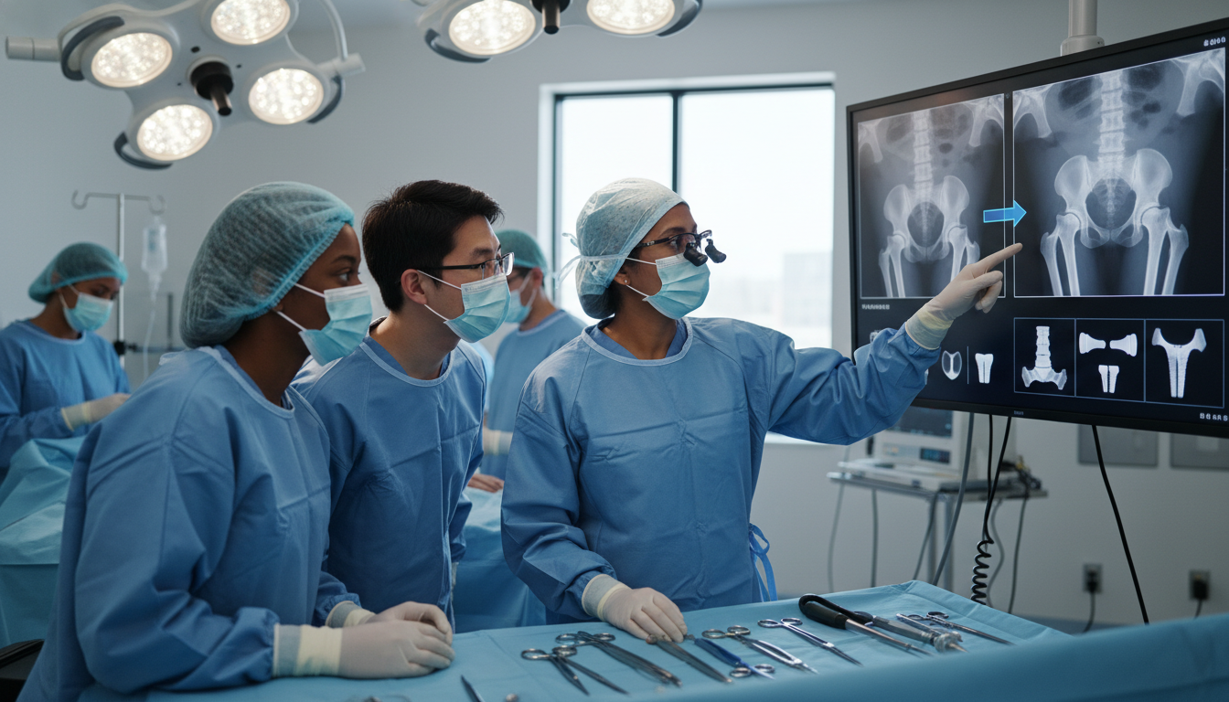 Academic orthopedic surgeon teaching residents in the operating room Academic orthopedic surgeon teaching residents in the operating room - US citizen IMG for Academic vs Private Practice for US