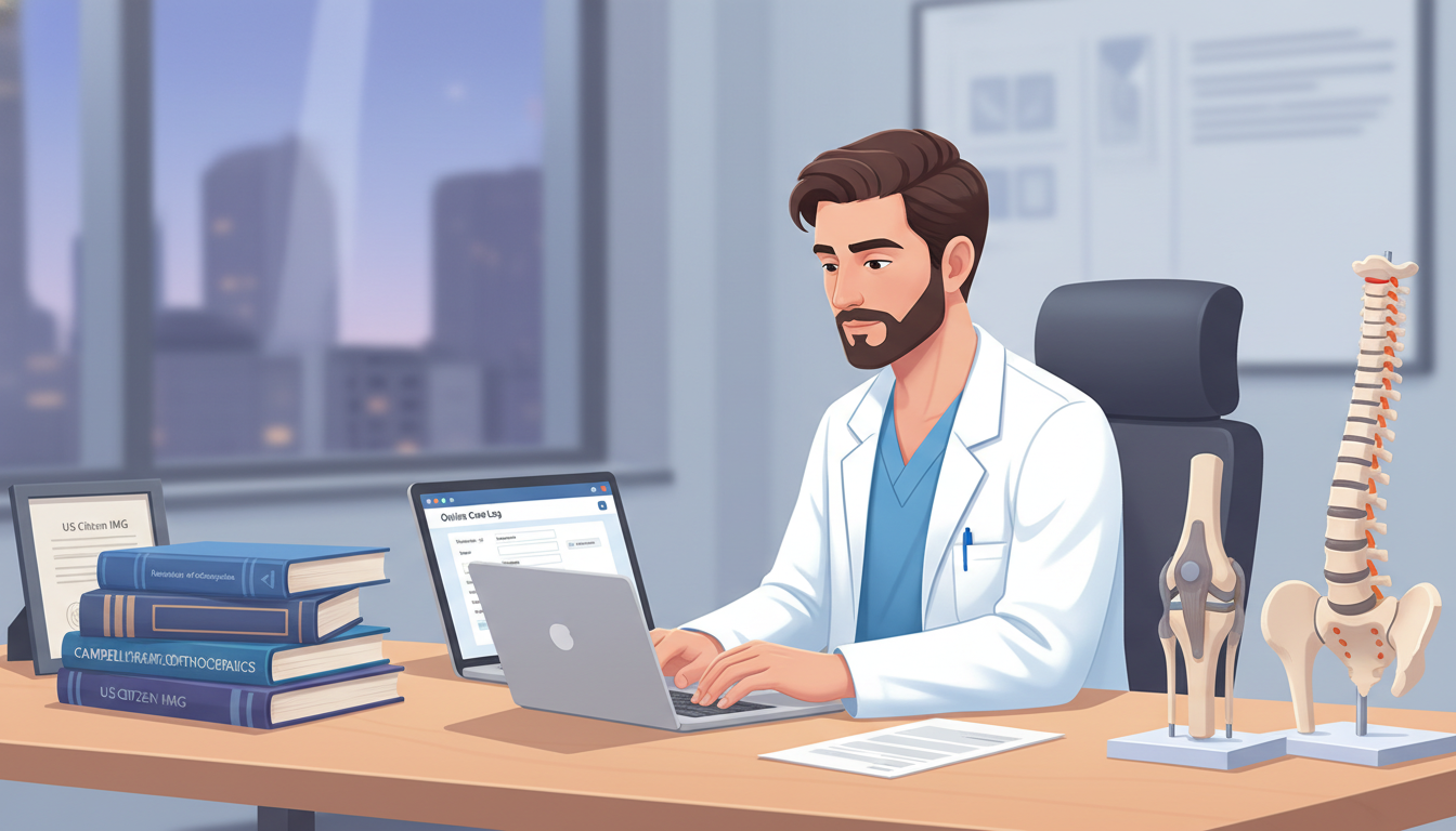 Orthopedic surgery resident tracking operative case logs on a laptop - US citizen IMG for Case Volume Evaluation for US Citiz