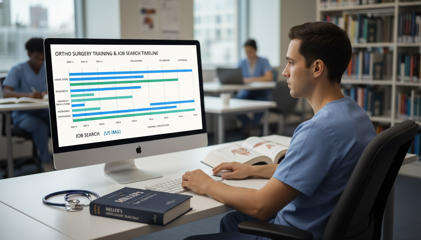 Orthopedic Surgery Resident Reviewing Career Planning Timeline Orthopedic Surgery Resident Reviewing Career Planning Timeline - US citizen IMG for Job Search Timing for US Citizen IMG in O