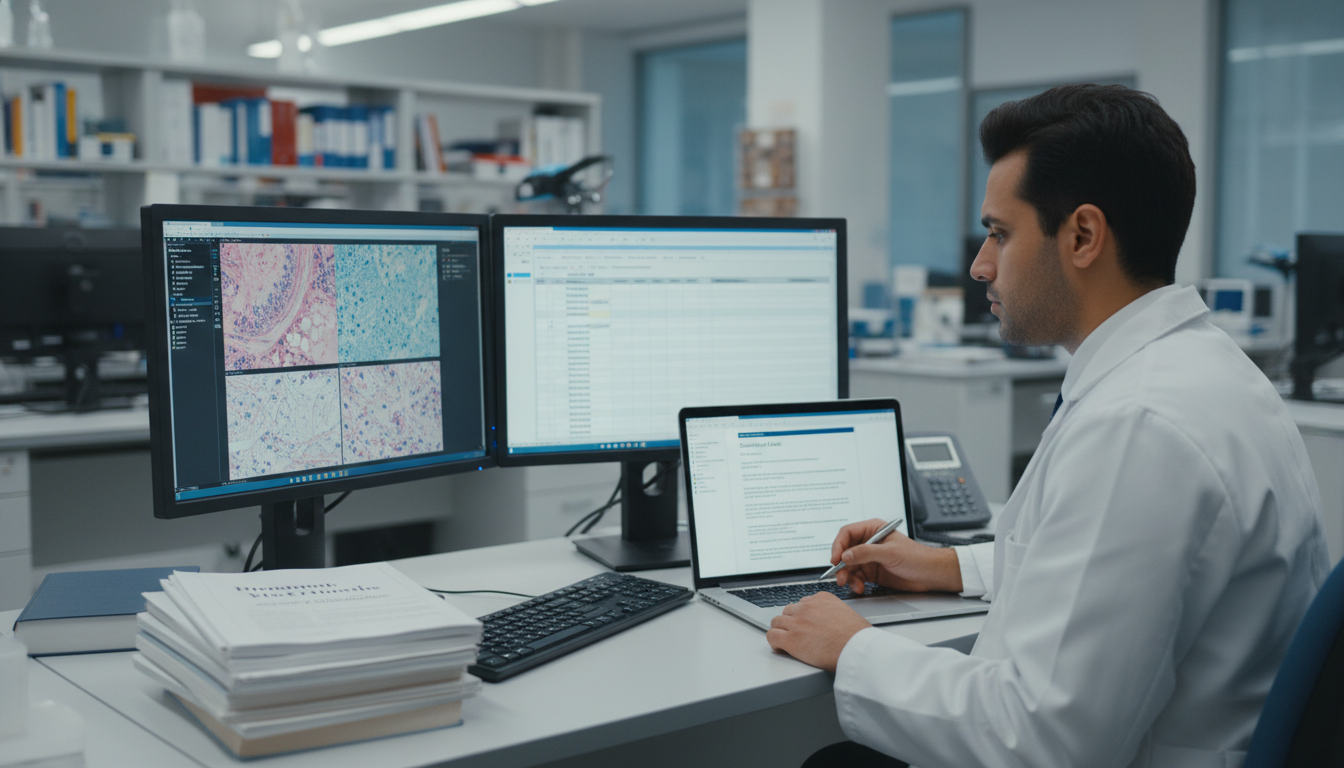 Pathology resident reviewing histology slides and building academic CV Pathology resident reviewing histology slides and building academic CV - US citizen IMG for CV Building for US Citizen IMG in