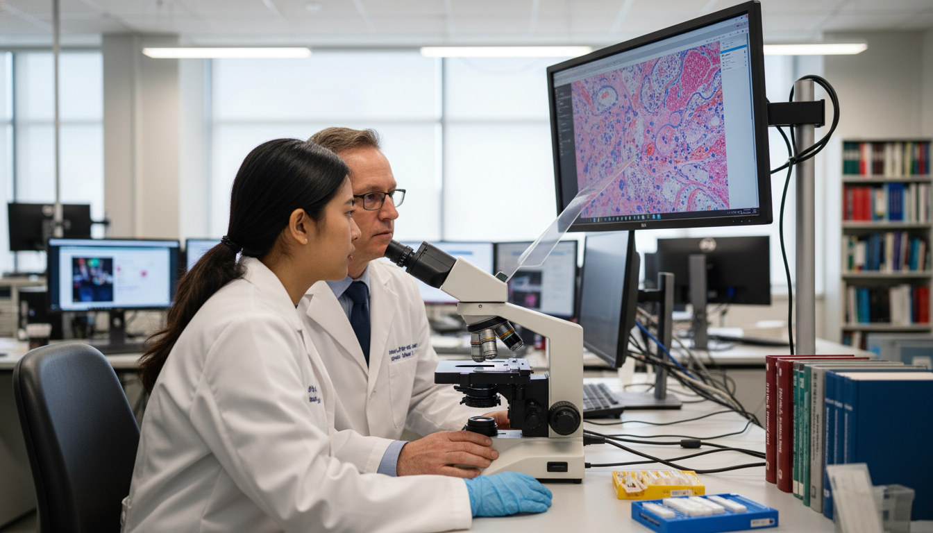 Pathology resident discussing microscopic findings - US citizen IMG for Common Interview Questions for US Citizen IMG in Path