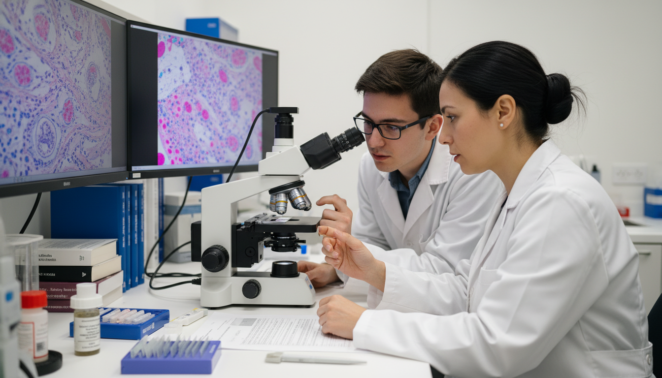 Pathology resident and attending reviewing histology slides together Pathology resident and attending reviewing histology slides together - US citizen IMG for Letters of Recommendation for US Ci