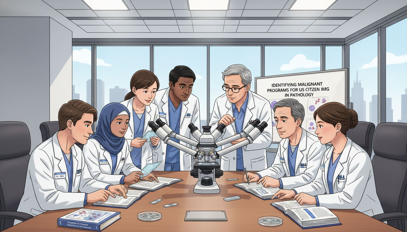 Pathology residents interacting with faculty at multi-headed microscope Pathology residents interacting with faculty at multi-headed microscope - US citizen IMG for Identifying Malignant Programs f