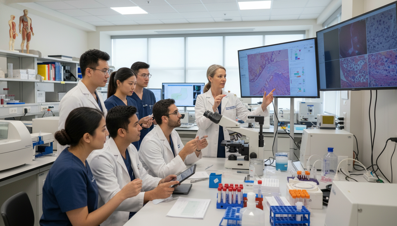 Pathology residents and faculty discussing cases and training environment Pathology residents and faculty discussing cases and training environment - US citizen IMG for Questions to Ask Programs for