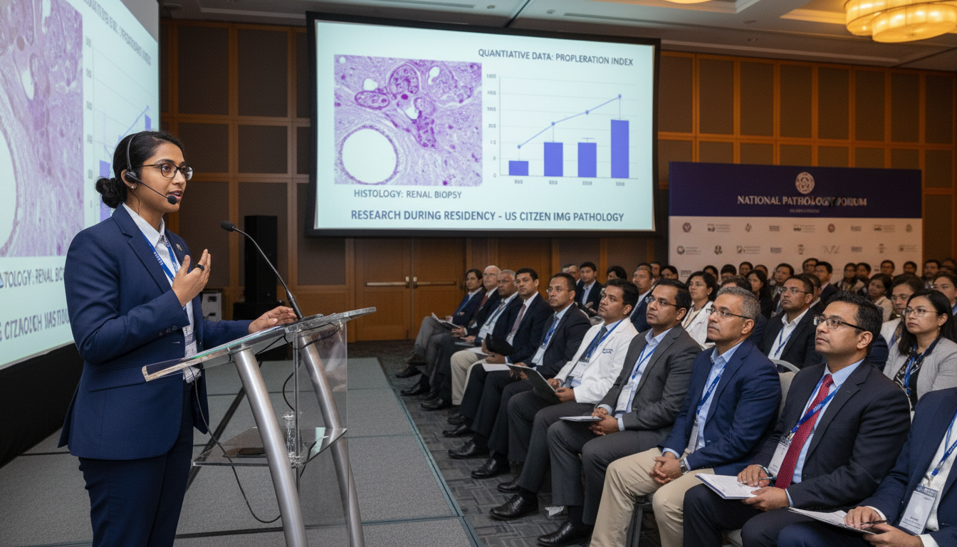 Pathology resident presenting research at a conference Pathology resident presenting research at a conference - US citizen IMG for Research During Residency for US Citizen IMG in P