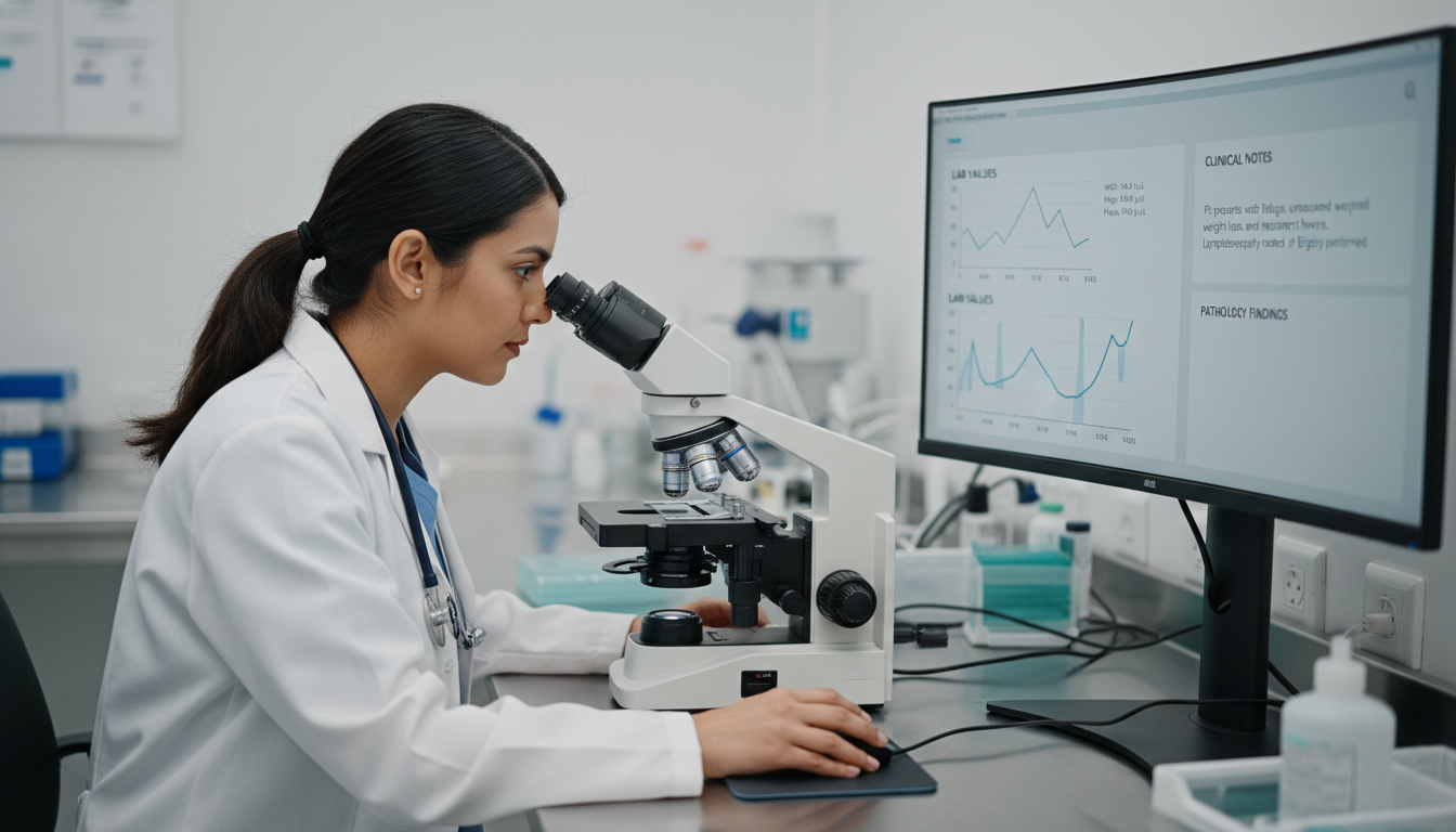 Pathology resident interpreting slides and lab results Pathology resident interpreting slides and lab results - US citizen IMG for USMLE Step 2 CK Preparation for US Citizen IMG in