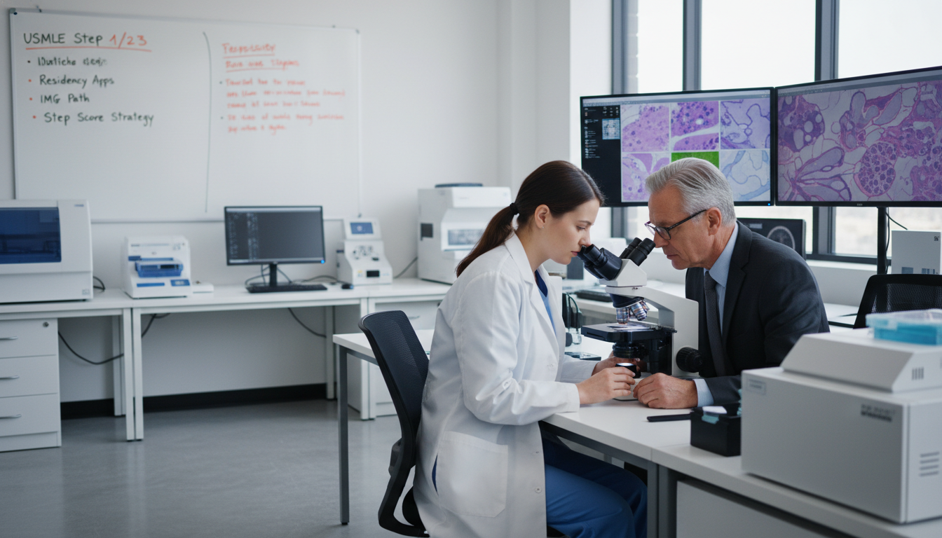 Pathology resident and mentor reviewing histology slides - US citizen IMG for Step Score Strategy for US Citizen IMG in Patho