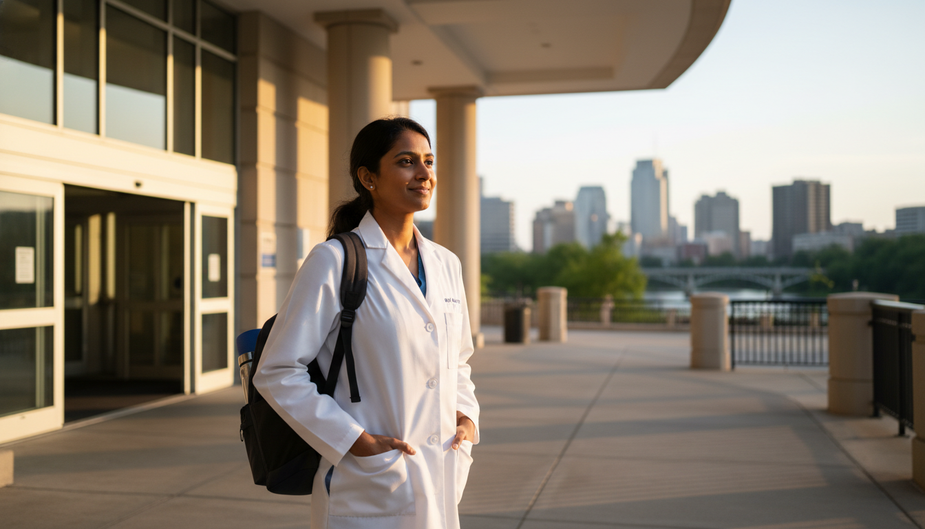 Pathology resident leaving the hospital in daylight representing good work life balance Pathology resident leaving the hospital in daylight representing good work life balance - US citizen IMG for Work-Life Balanc