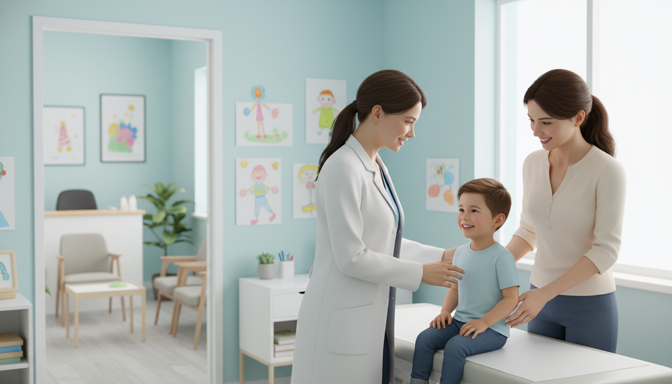 Private practice pediatric clinic with physician seeing a young child Private practice pediatric clinic with physician seeing a young child - US citizen IMG for Academic vs Private Practice for U