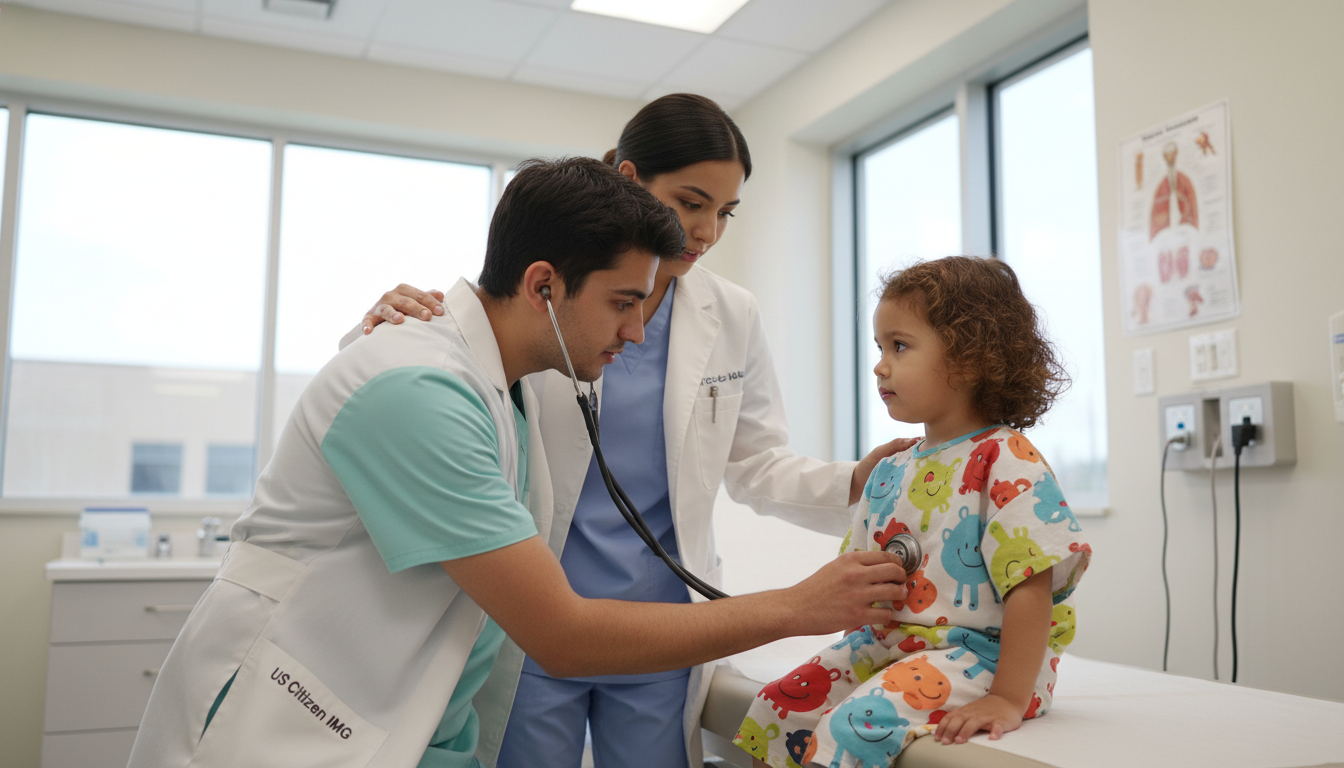 Pediatrics resident and US citizen IMG medical student examining a child during away rotation Pediatrics resident and US citizen IMG medical student examining a child during away rotation - US citizen IMG for Away Rotat