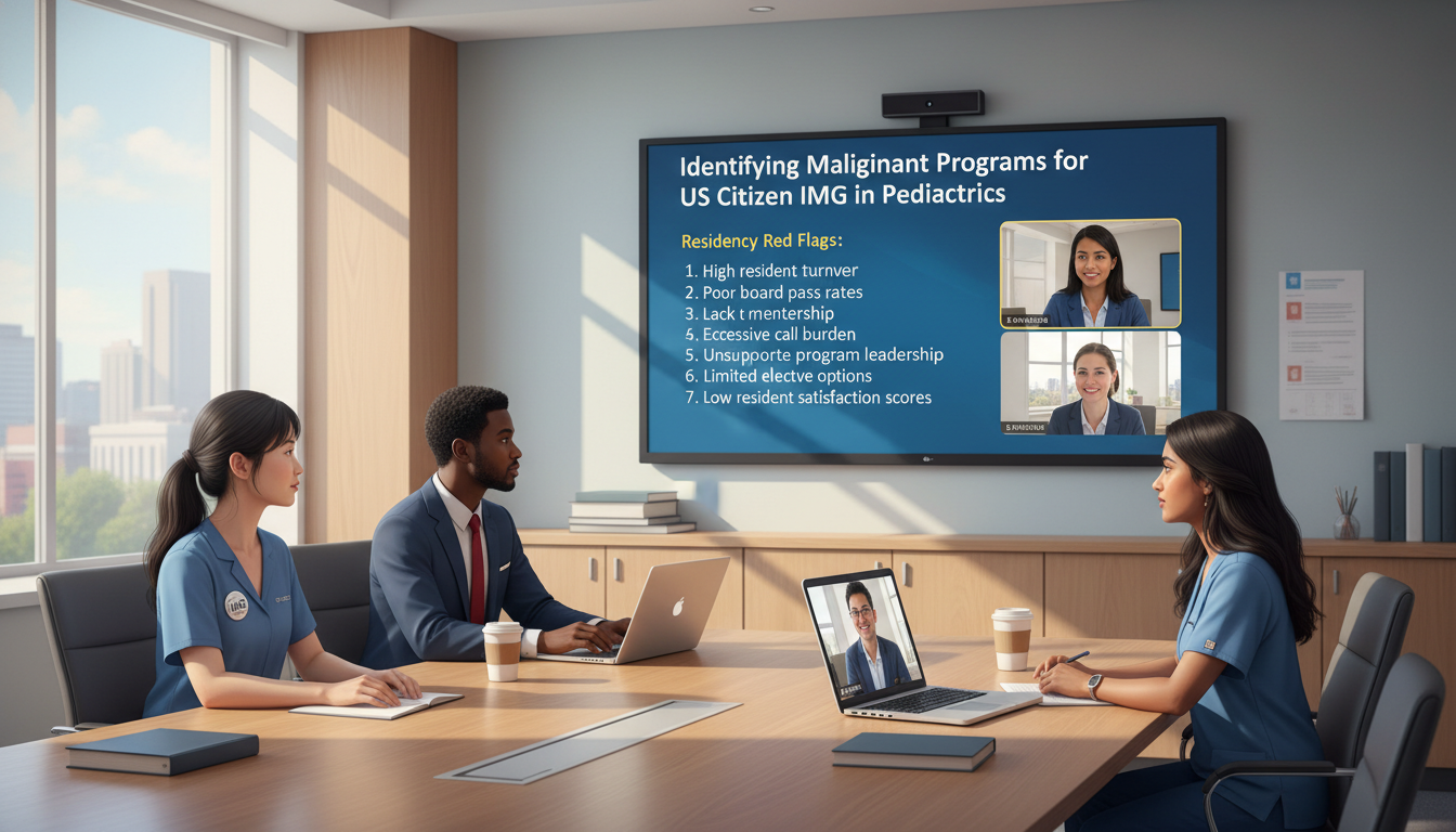 Pediatric residents discussing residency program red flags during a virtual meeting Pediatric residents discussing residency program red flags during a virtual meeting - US citizen IMG for Identifying Malignan
