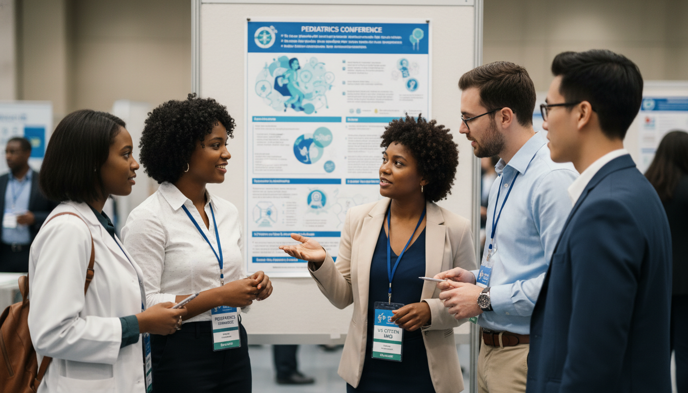 Pediatric residents and medical students discussing a poster at a conference Pediatric residents and medical students discussing a poster at a conference - US citizen IMG for Networking in Medicine for