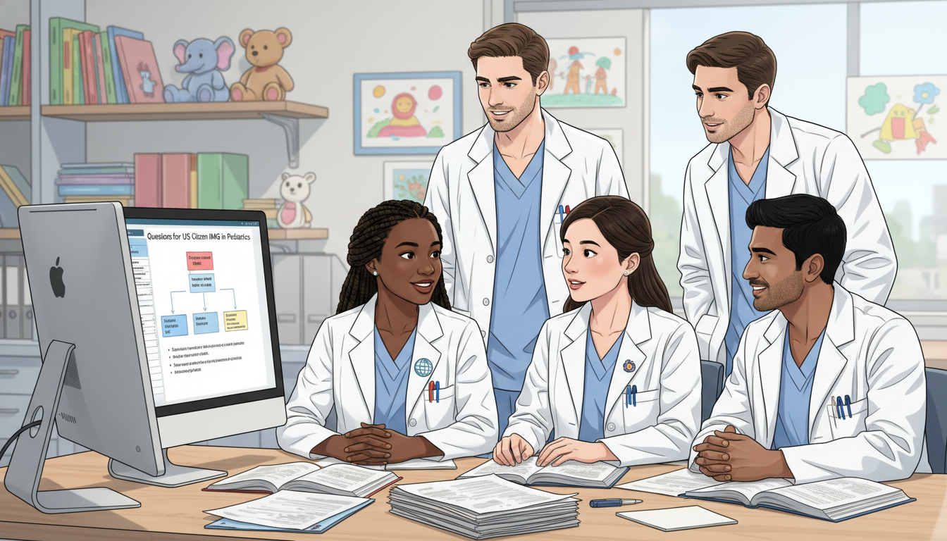 Pediatrics residents in workroom discussing clinical questions with an IMG colleague Pediatrics residents in workroom discussing clinical questions with an IMG colleague - US citizen IMG for Questions to Ask Pr