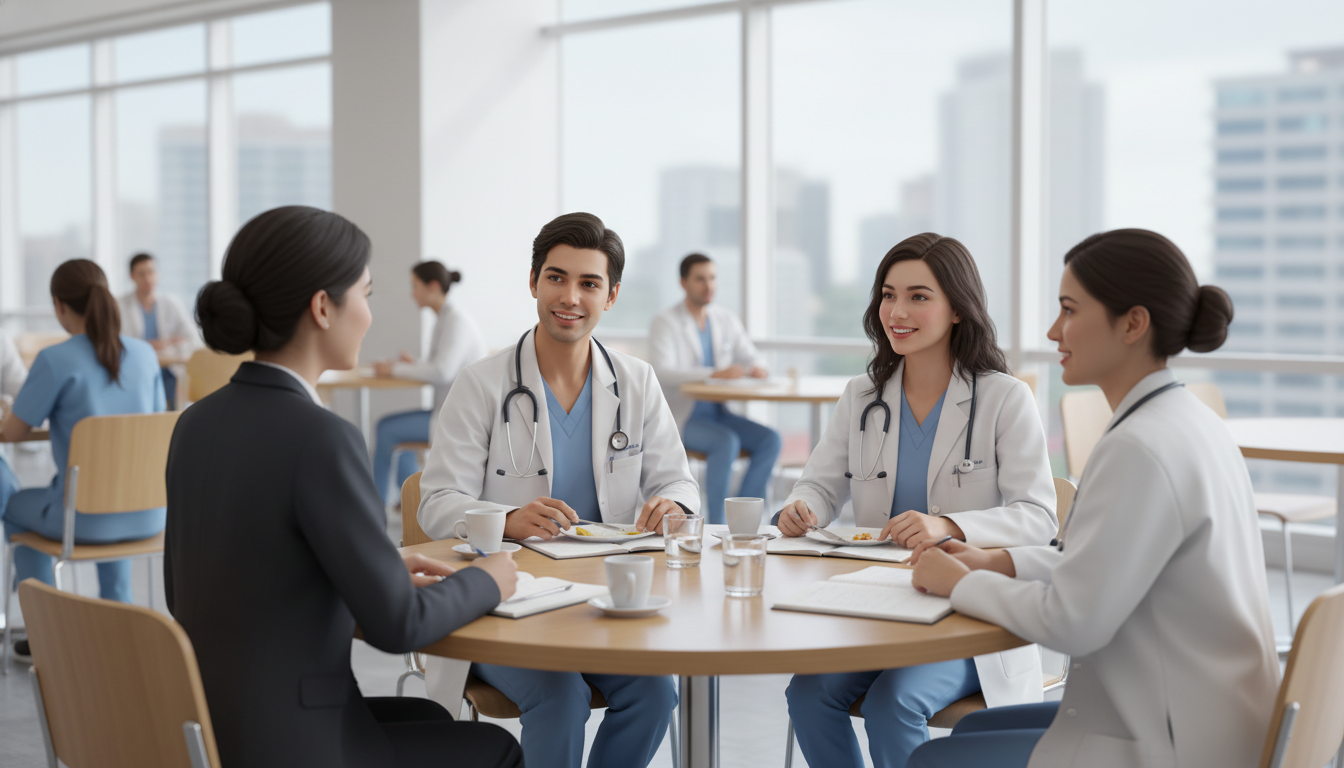 Pediatrics residency applicant speaking with current residents during interview day lunch Pediatrics residency applicant speaking with current residents during interview day lunch - US citizen IMG for Questions to A