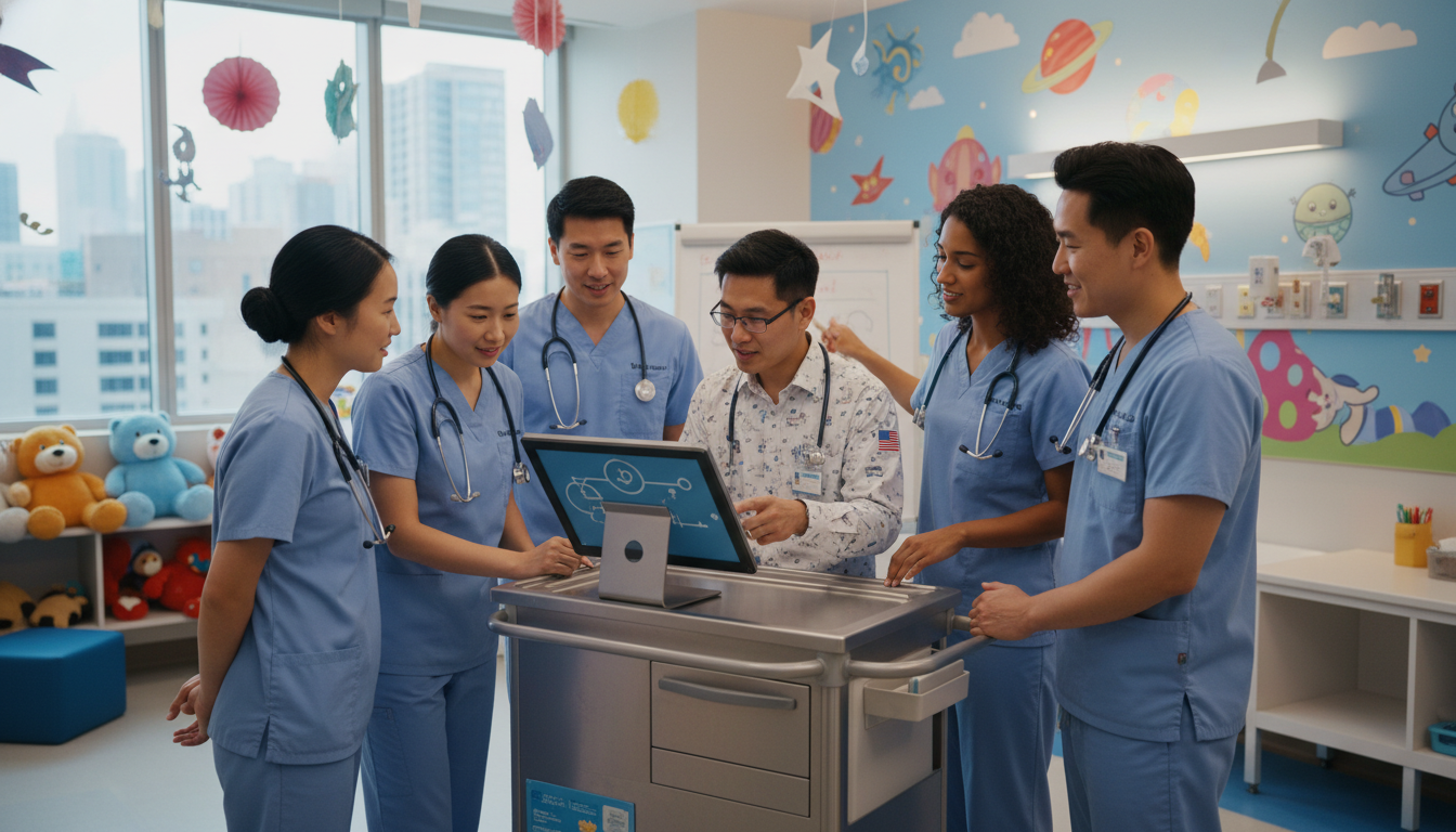 Pediatric residents discussing a patient case on a hospital ward Pediatric residents discussing a patient case on a hospital ward - US citizen IMG for Work-Life Balance Assessment for US Cit
