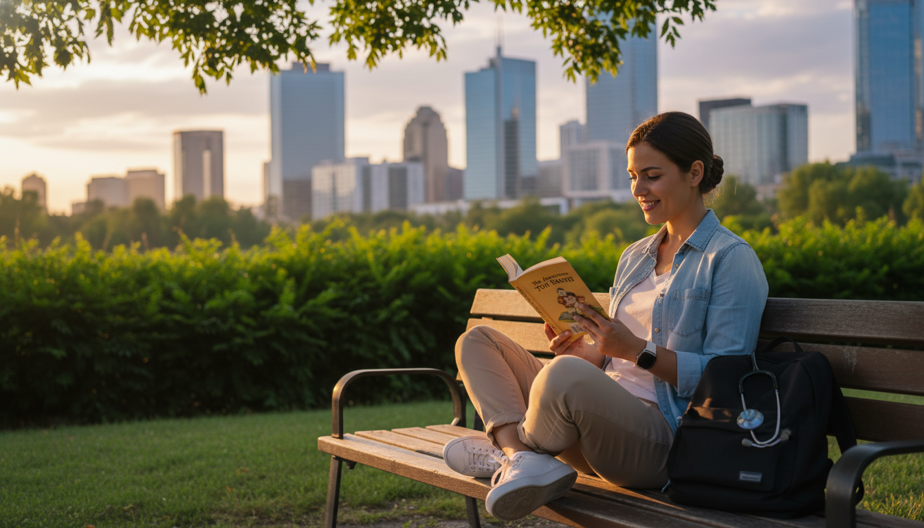 Pediatric resident enjoying time off in a city park after a hospital shift Pediatric resident enjoying time off in a city park after a hospital shift - US citizen IMG for Work-Life Balance Assessment