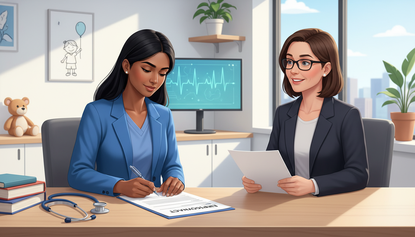 Young pediatrics-psychiatry attending physician signing a job contract - US citizen IMG for Job Search Timing for US Citizen