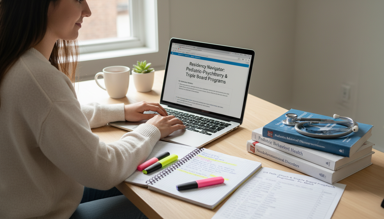 US citizen IMG researching pediatrics-psychiatry residency programs on laptop US citizen IMG researching pediatrics-psychiatry residency programs on laptop - US citizen IMG for Pre-Match Communication fo