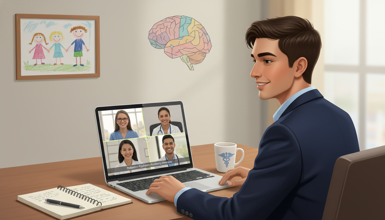 Residency applicant participating in virtual pediatrics-psychiatry interview on laptop Residency applicant participating in virtual pediatrics-psychiatry interview on laptop - US citizen IMG for Pre-Match Communi