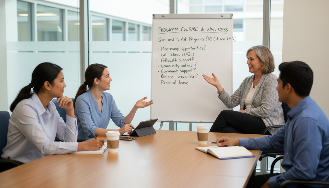 Pediatrics-psychiatry residents discussing program culture and wellness - US citizen IMG for Questions to Ask Programs for US