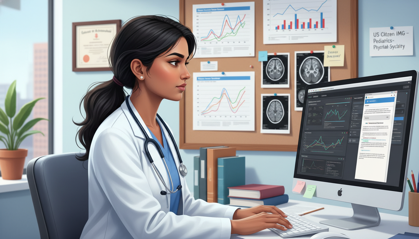 Pediatrics-psychiatry resident working on research data in hospital office Pediatrics-psychiatry resident working on research data in hospital office - US citizen IMG for Research During Residency for