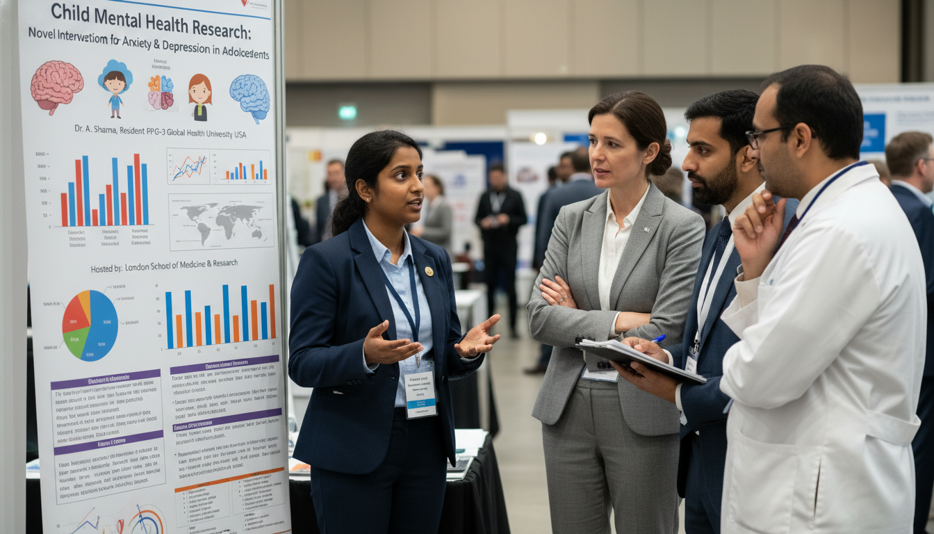 Resident presenting pediatric-psychiatry research poster at conference Resident presenting pediatric-psychiatry research poster at conference - US citizen IMG for Research During Residency for US